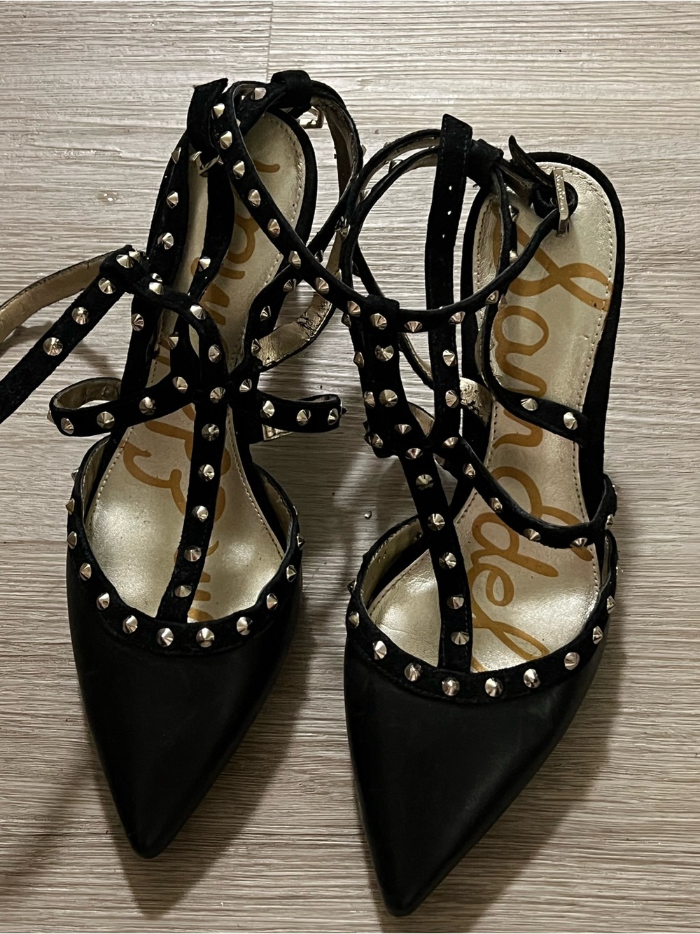 Sam Edelman Black Studded Pointed-Toe Strappy Heels